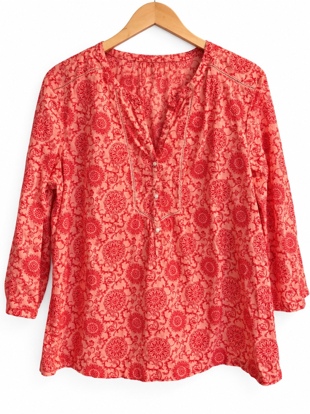 A61.Women's Red Floral Tunic Top - Lightweight Button V-Neck